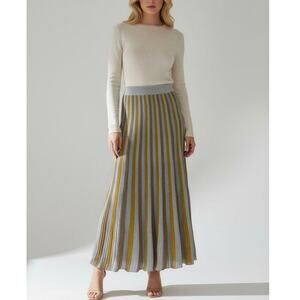 New HAPPY SHEEP Multi-Color Metallic Gold Silver Striped Pleated Maxi Skirt Sz S